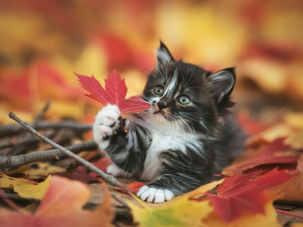 Playful Kitten Among Vibrant Autumn Leaves