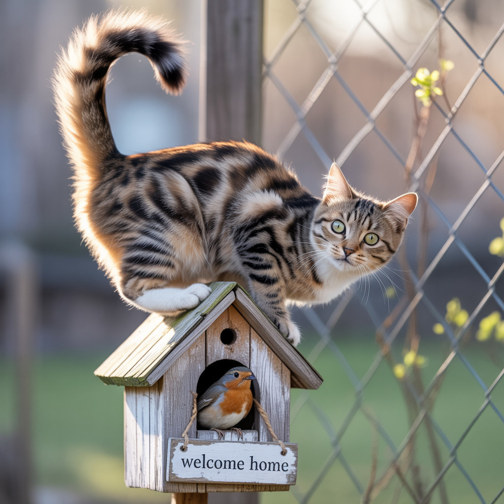 Tabby Cat on Birdhouse with Bird in Sunny Garden
