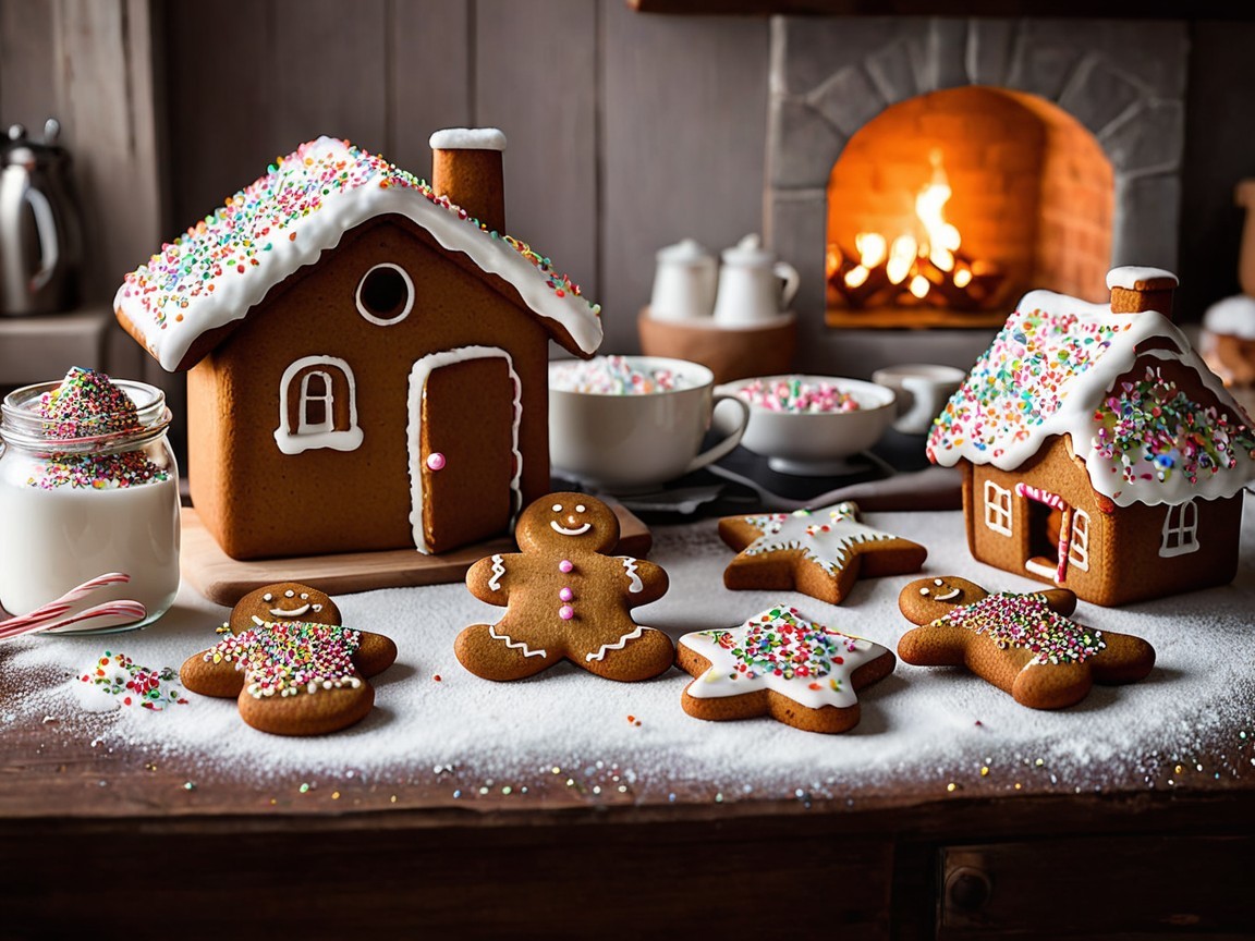 Cozy Holiday Scene with Gingerbread Houses and Cookies