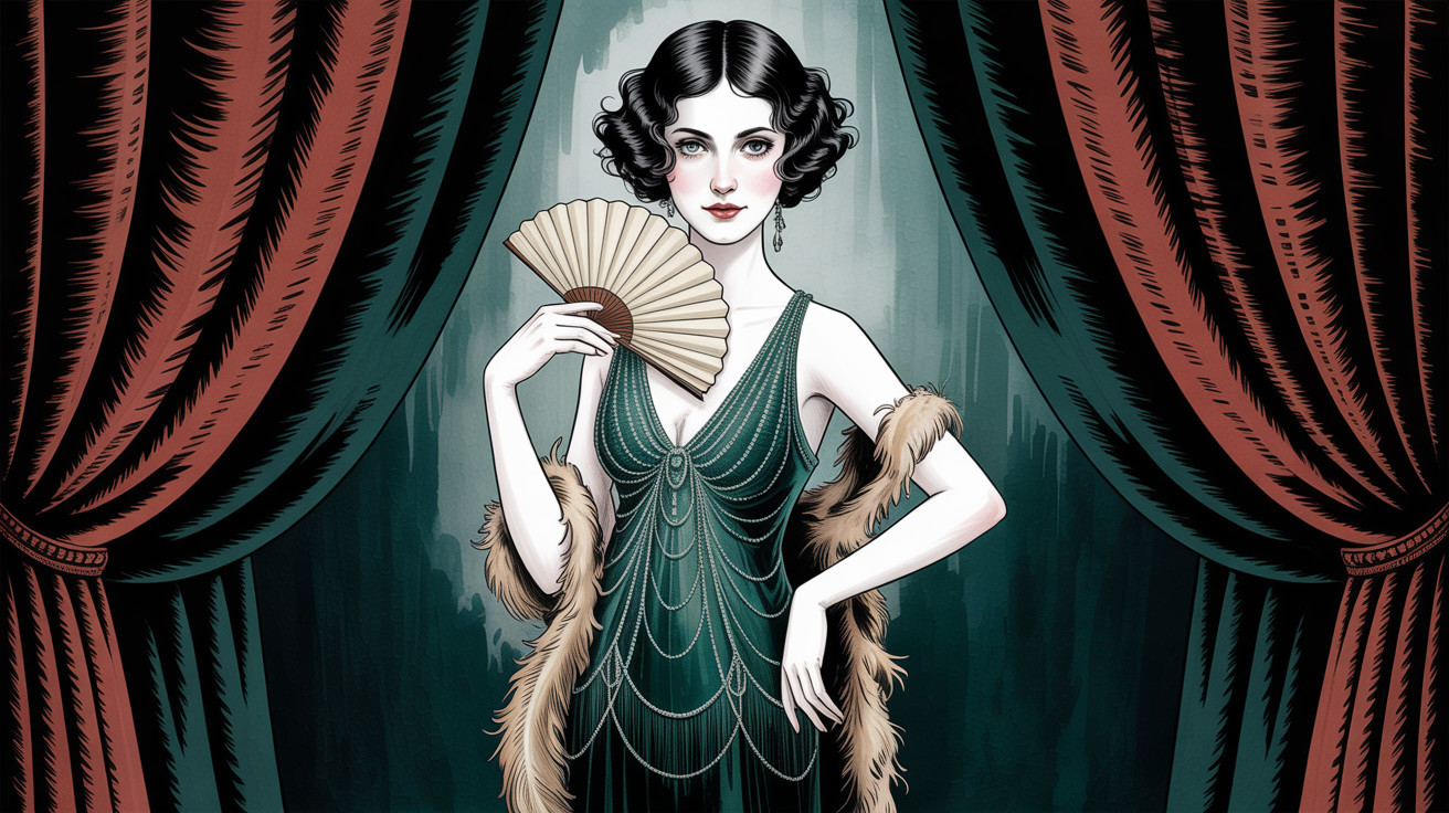 Glamorous Woman in Vintage 1920s Gown with Fan