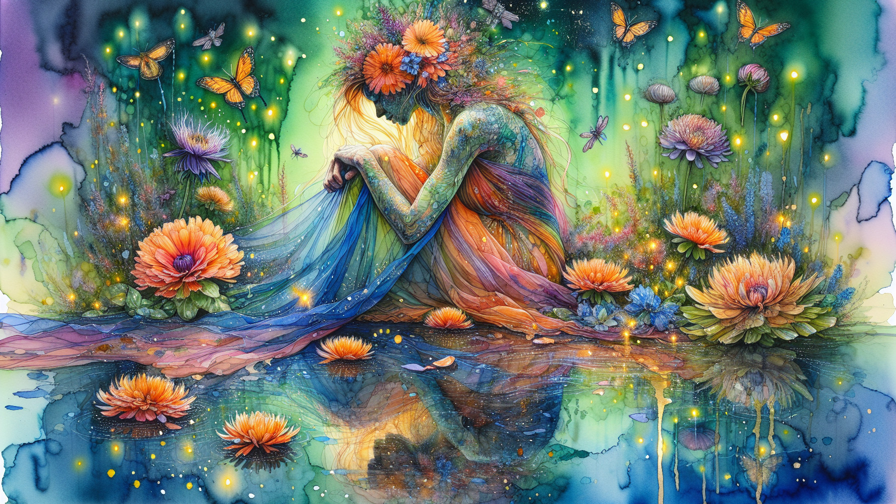 Ethereal Figure by a Shimmering Pond with Flowers