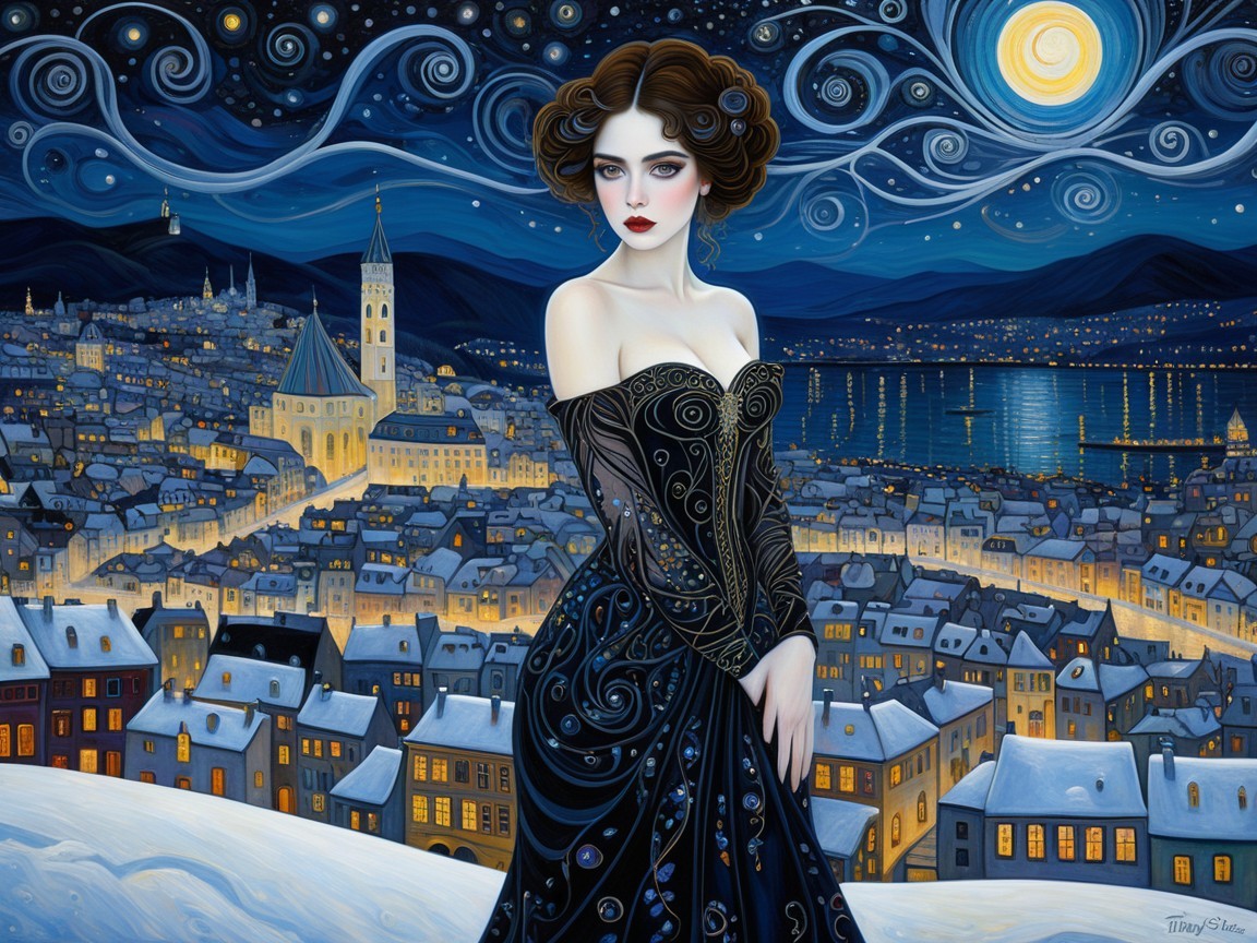 Serene Night Scene with Woman in Black Gown