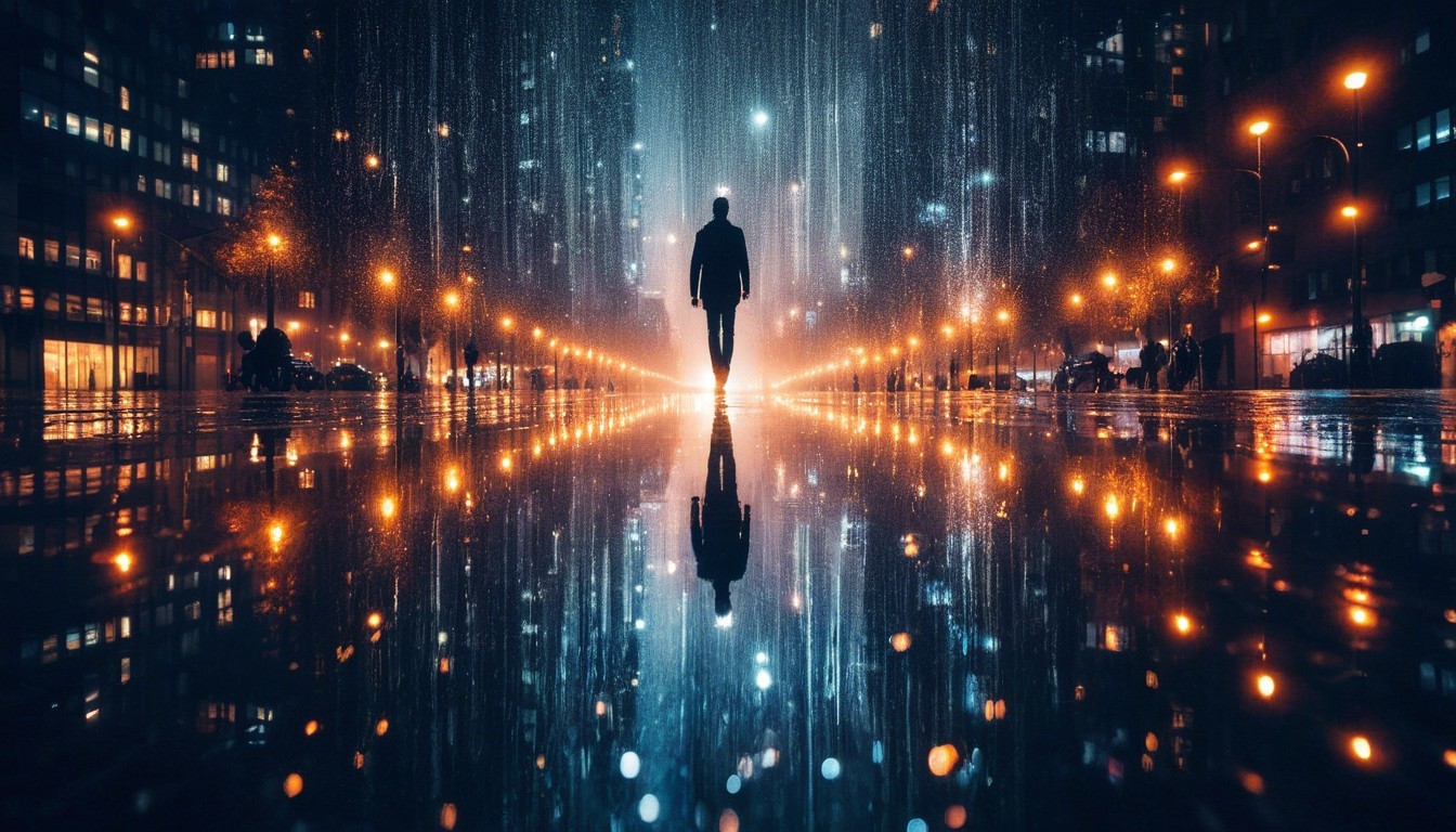 Solitary Figure Under Lights in Rainy Urban Scene