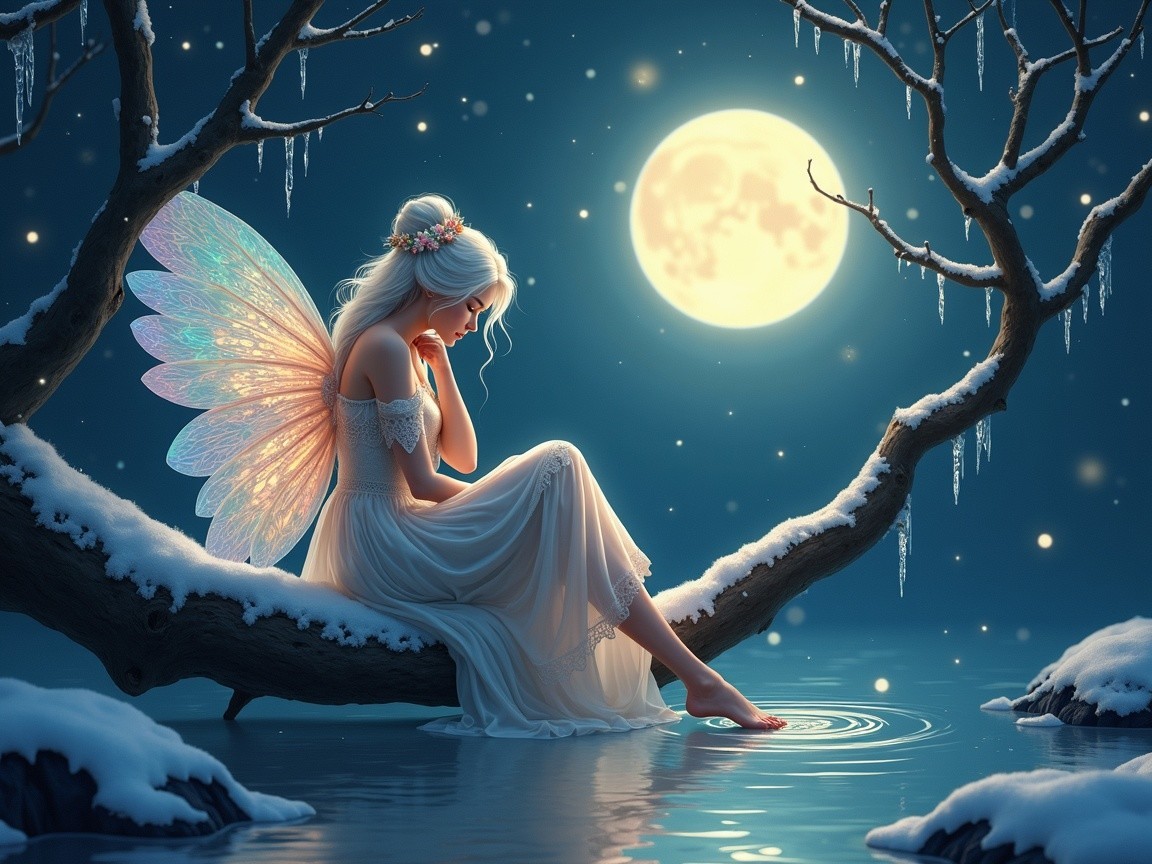 Fairy with Iridescent Wings on Snowy Branch at Night