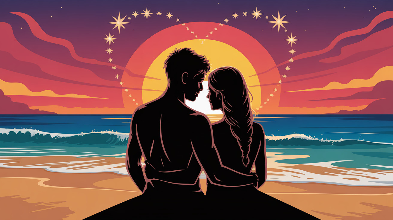 Romantic Couple Silhouette at Vibrant Ocean Sunset