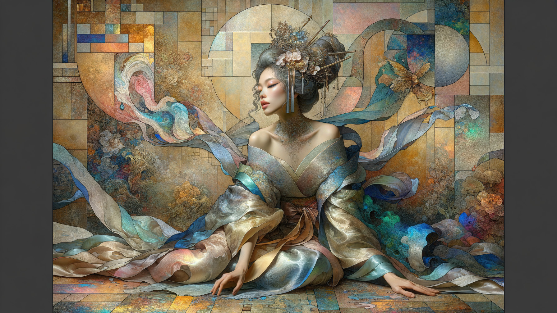 Serene Woman in Flowing Kimono with Colorful Patterns