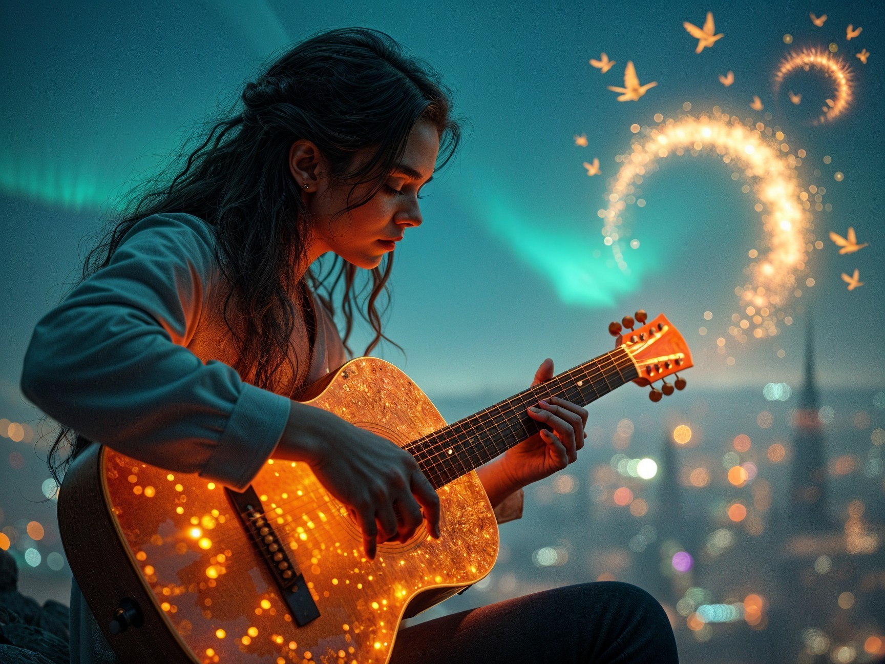 Young Woman Playing Guitar at Twilight with City Skyline