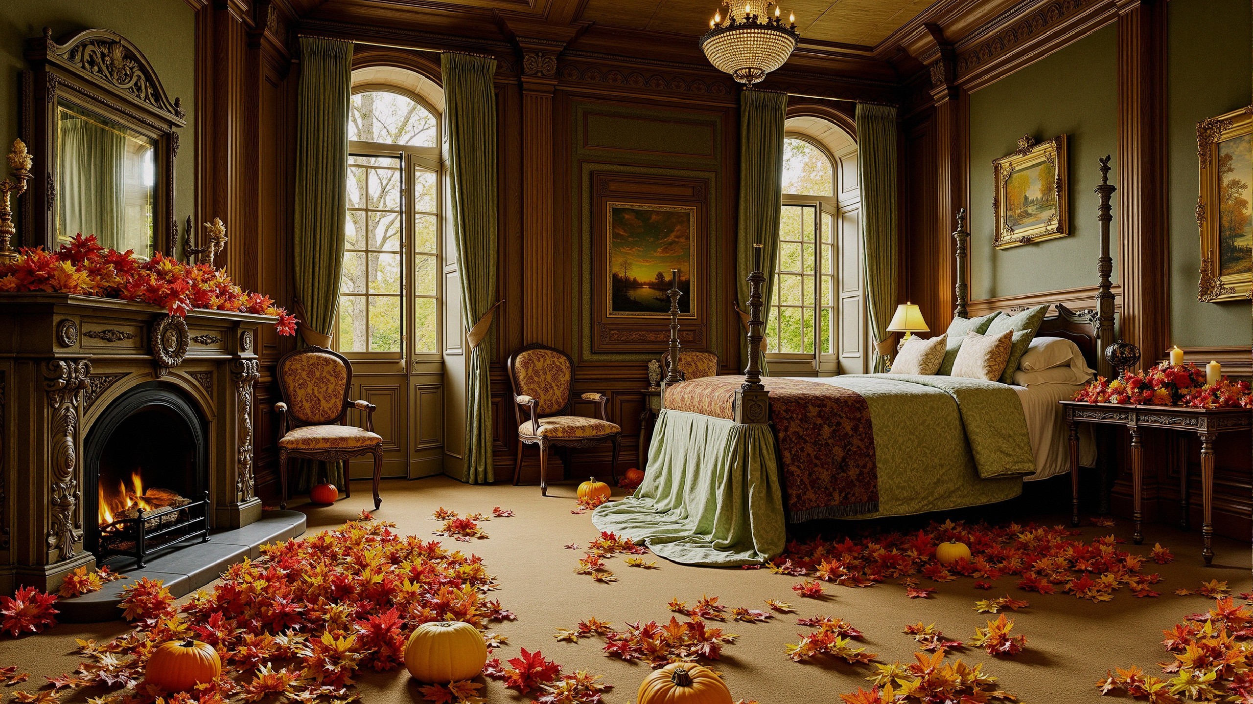 Luxurious Bedroom with Green Tones and Autumn Decor