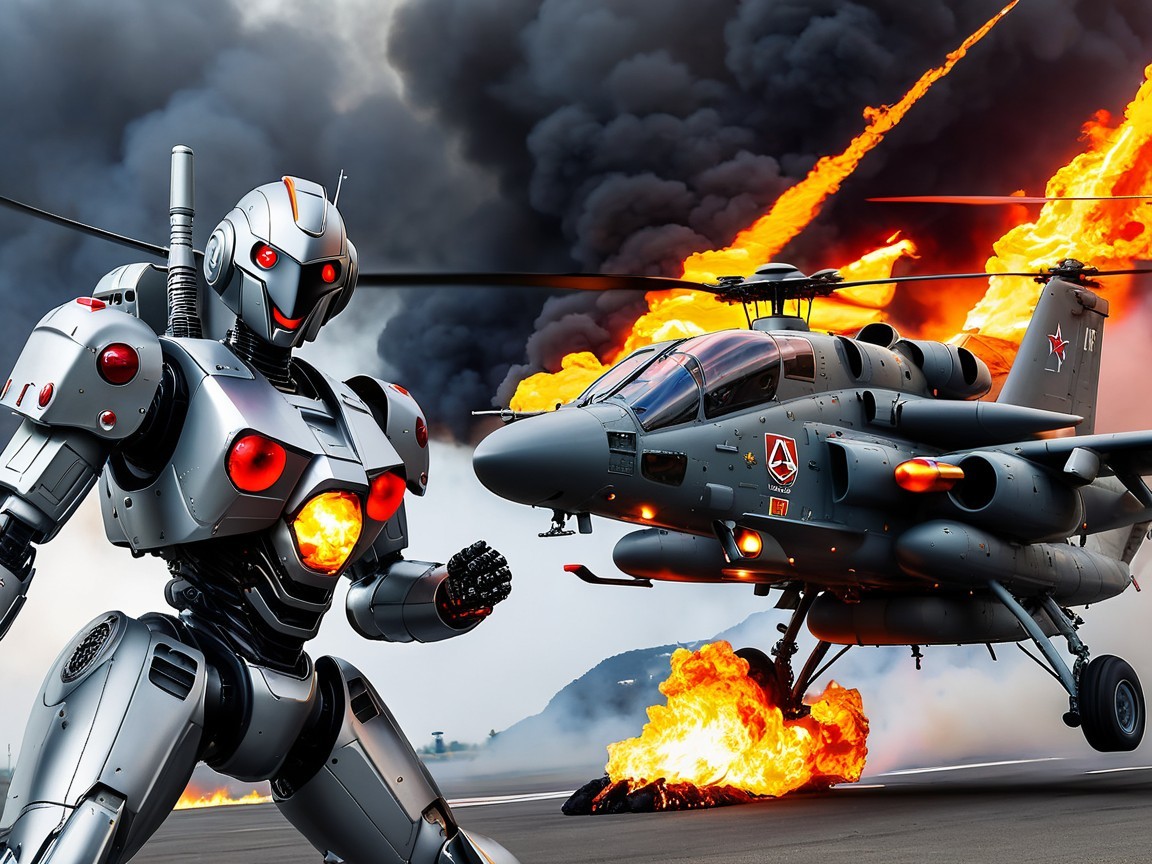 Futuristic Robot Amidst Explosions and Chaos