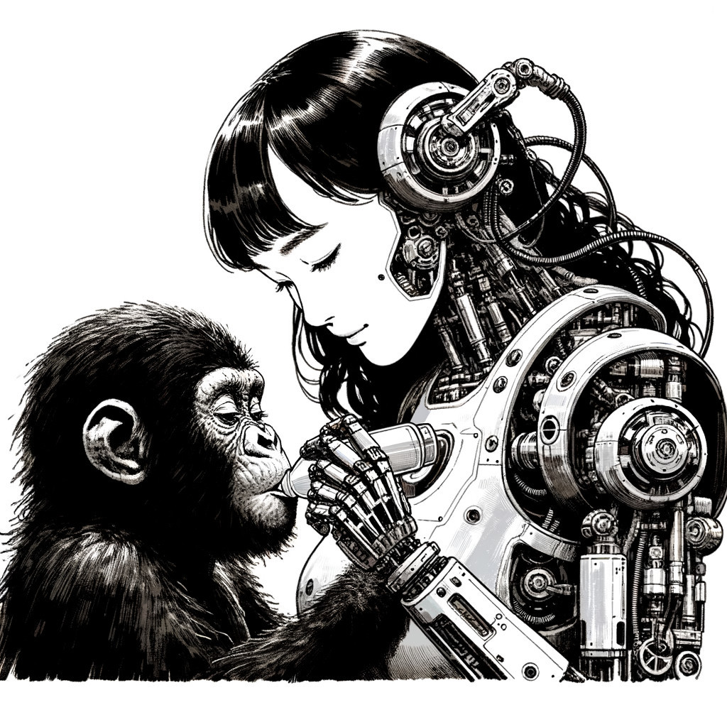 Humanoid Robot Feeding a Small Monkey Illustration