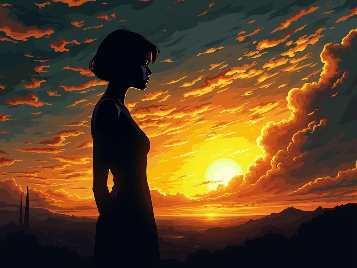 Silhouetted Woman Against Vibrant Sunset Landscape