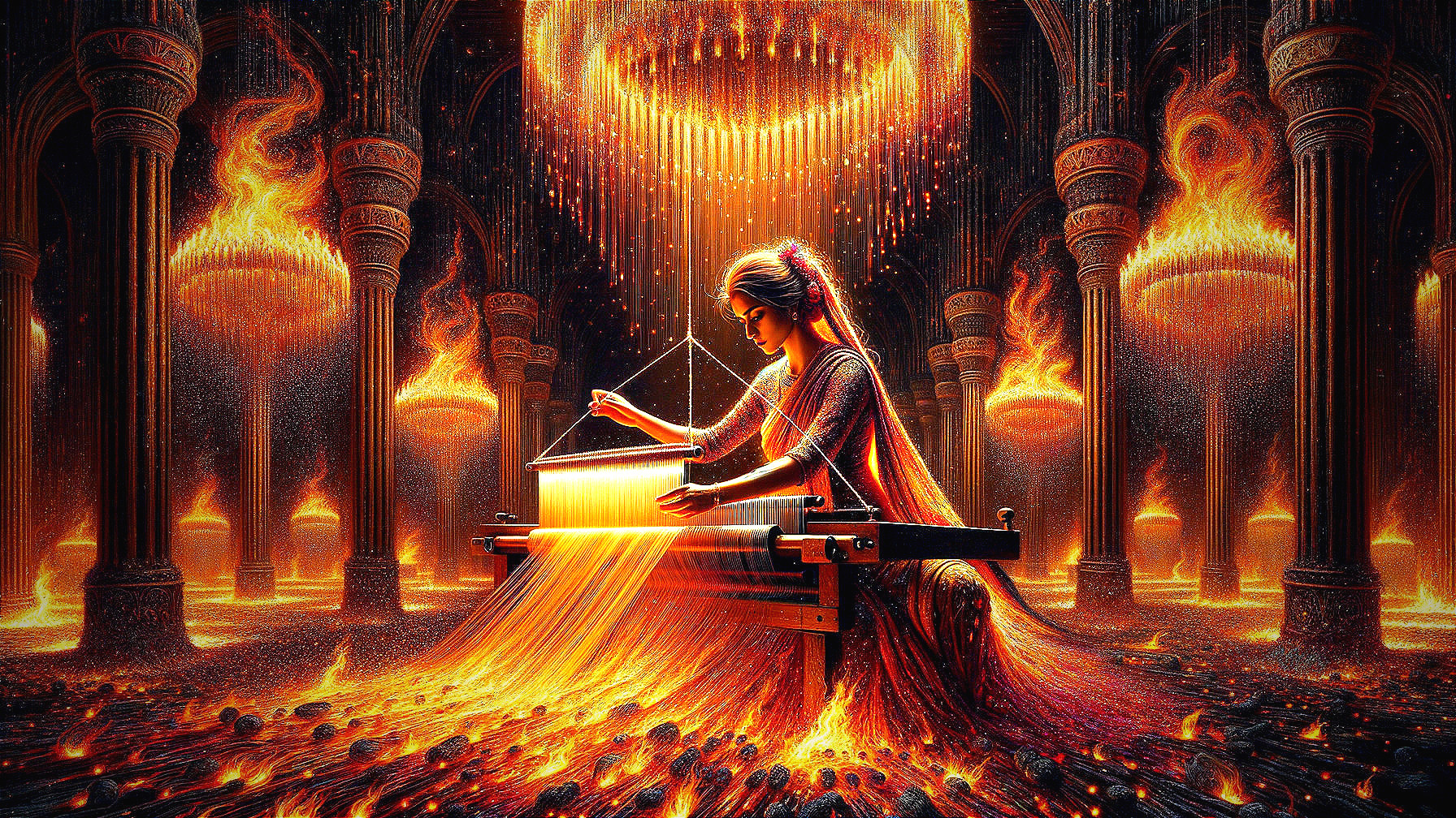 Woman Weaving Molten Light in Fiery Setting