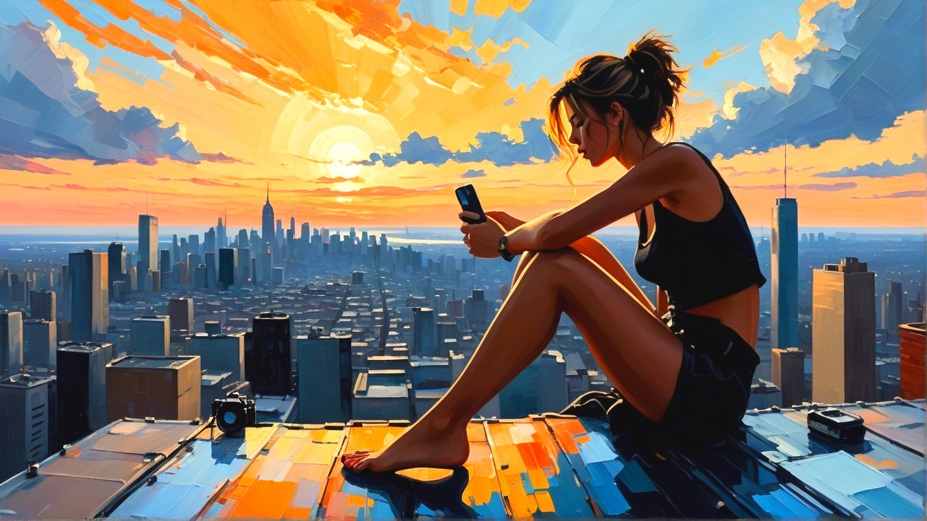Young woman on rooftop enjoying city sunset view