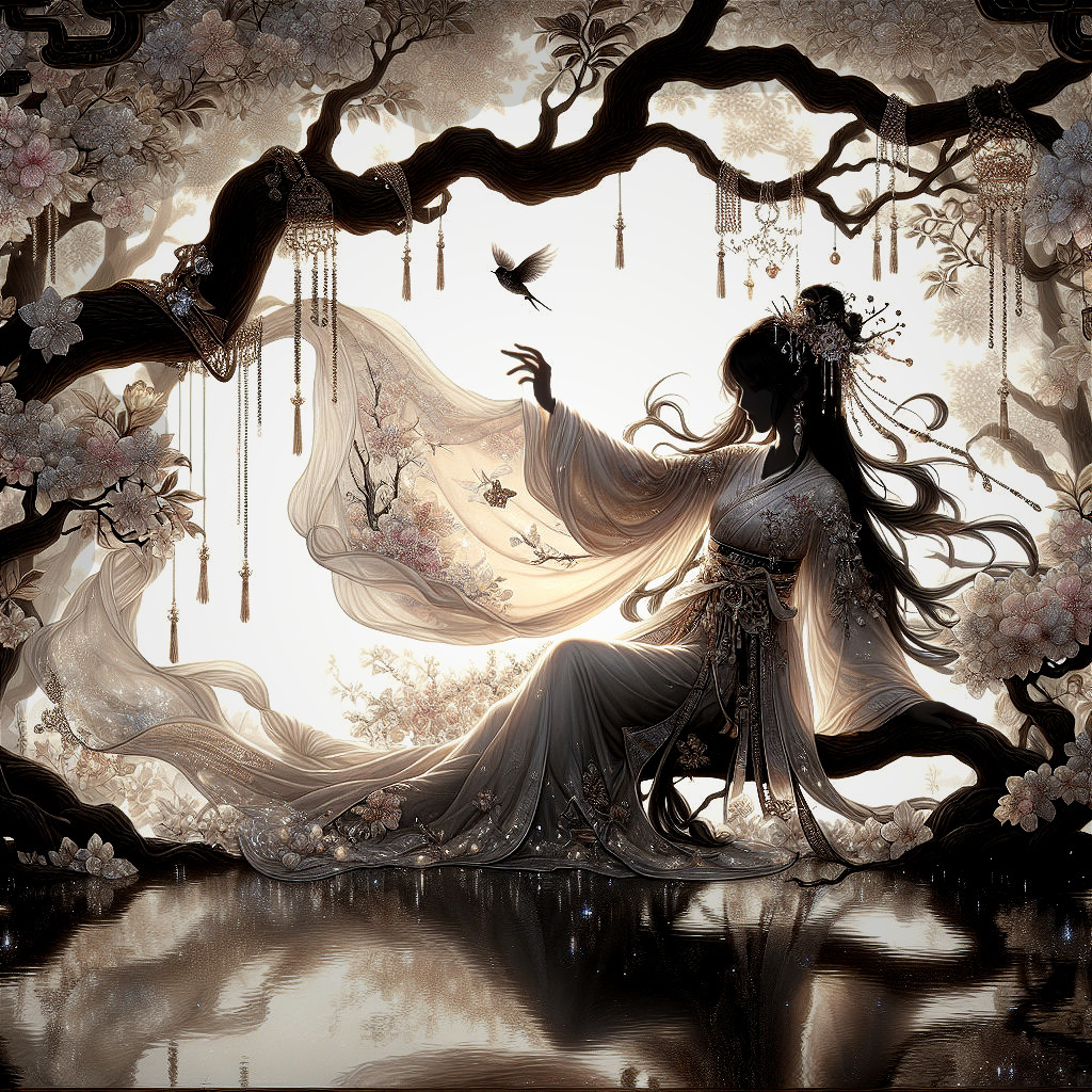 Silhouette of a Woman Under Cherry Blossom Branches