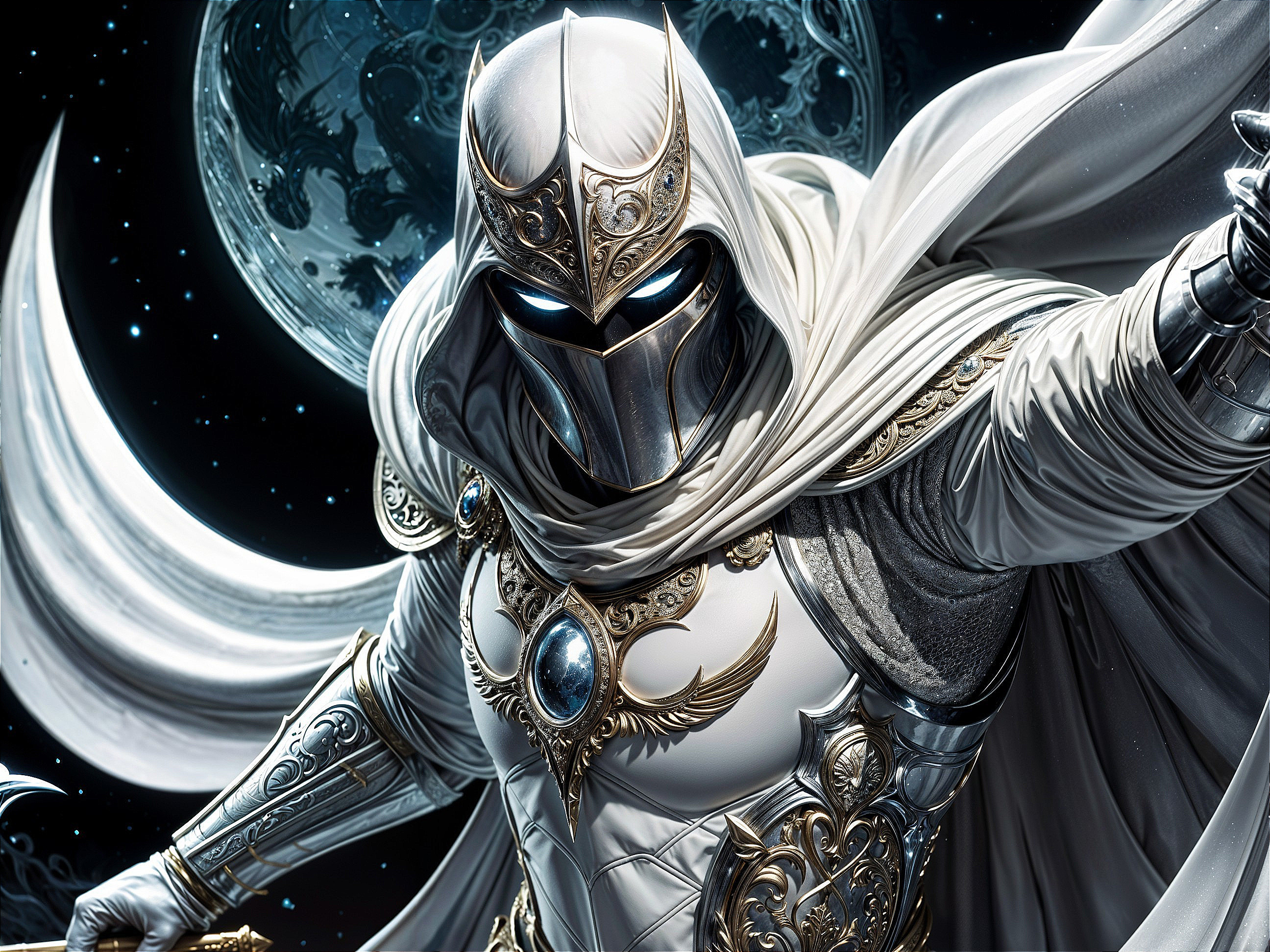Majestic figure in white cloak with celestial backdrop