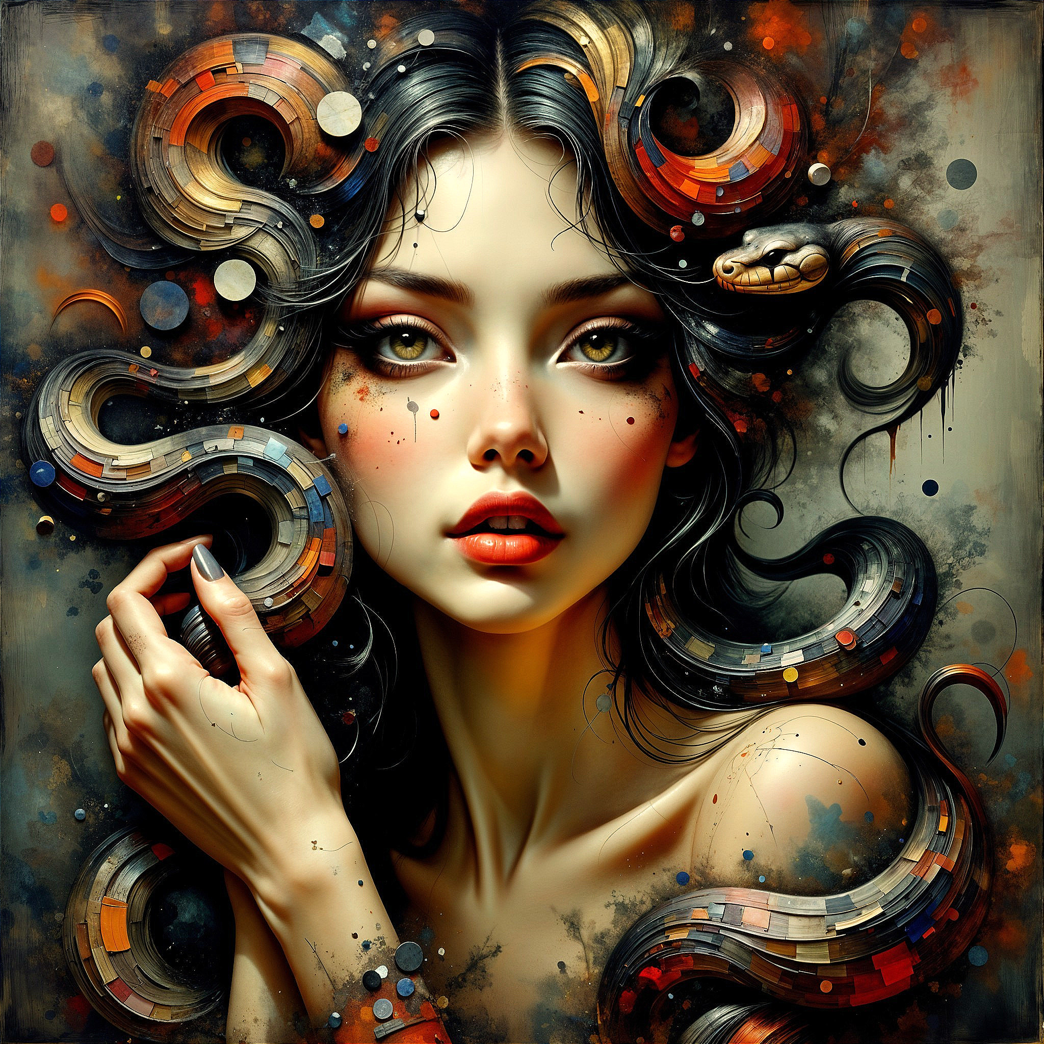 Ethereal Woman with Dark Hair and Colorful Serpents