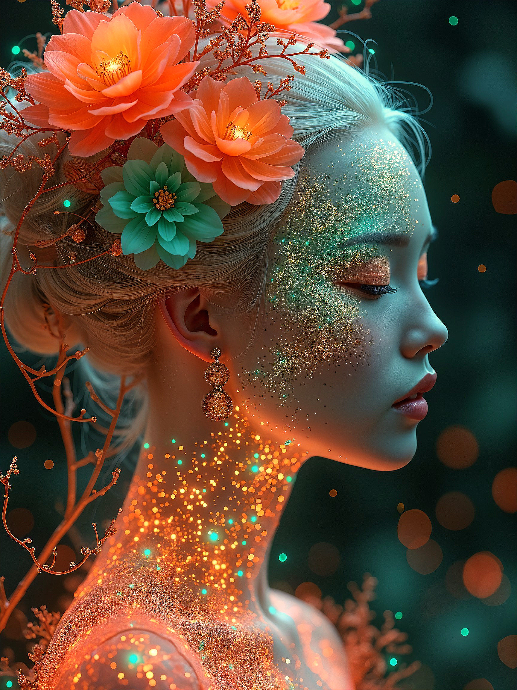 Young woman with oversized flowers and glowing patterns