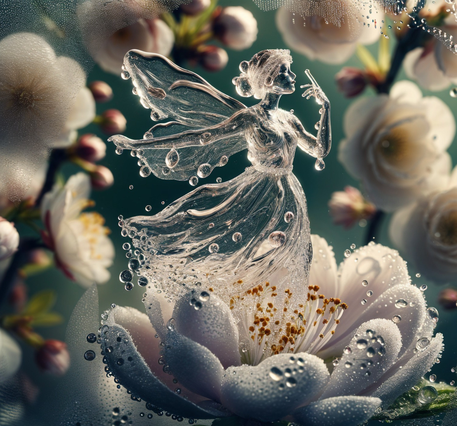 Transparent fairy on a blooming flower with droplets