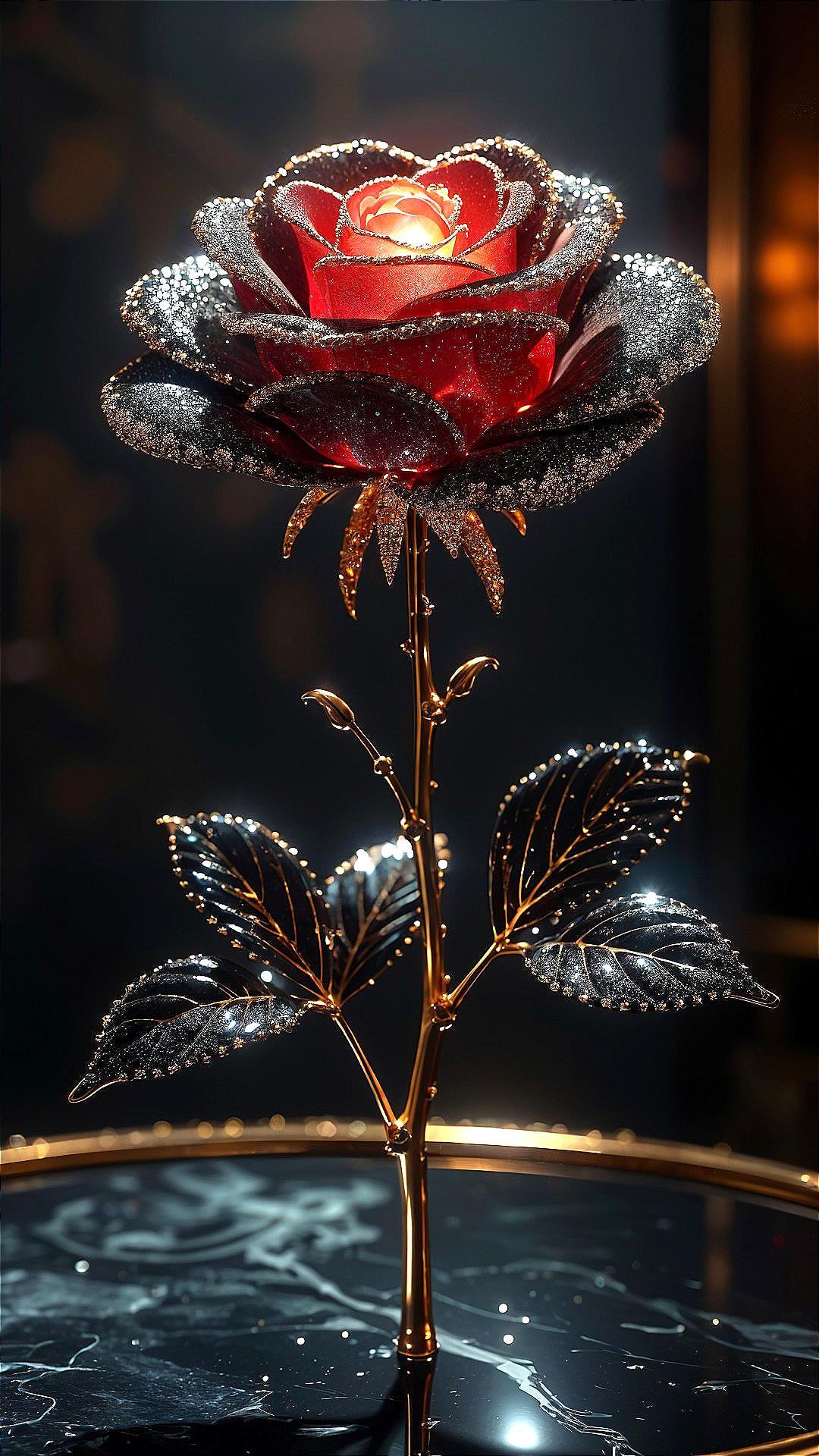 Intricately Designed Rose on Polished Black Surface