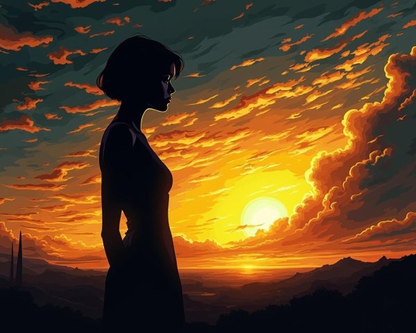 Silhouetted Woman Against Vibrant Sunset Landscape