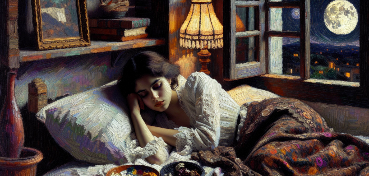 Cozy Bedroom Scene with Sleeping Woman and Warm Light