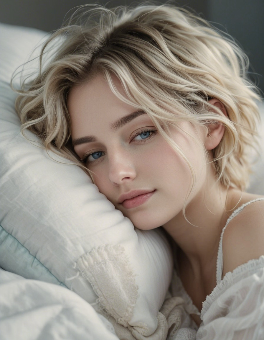 Young woman with blonde hair resting on a pillow