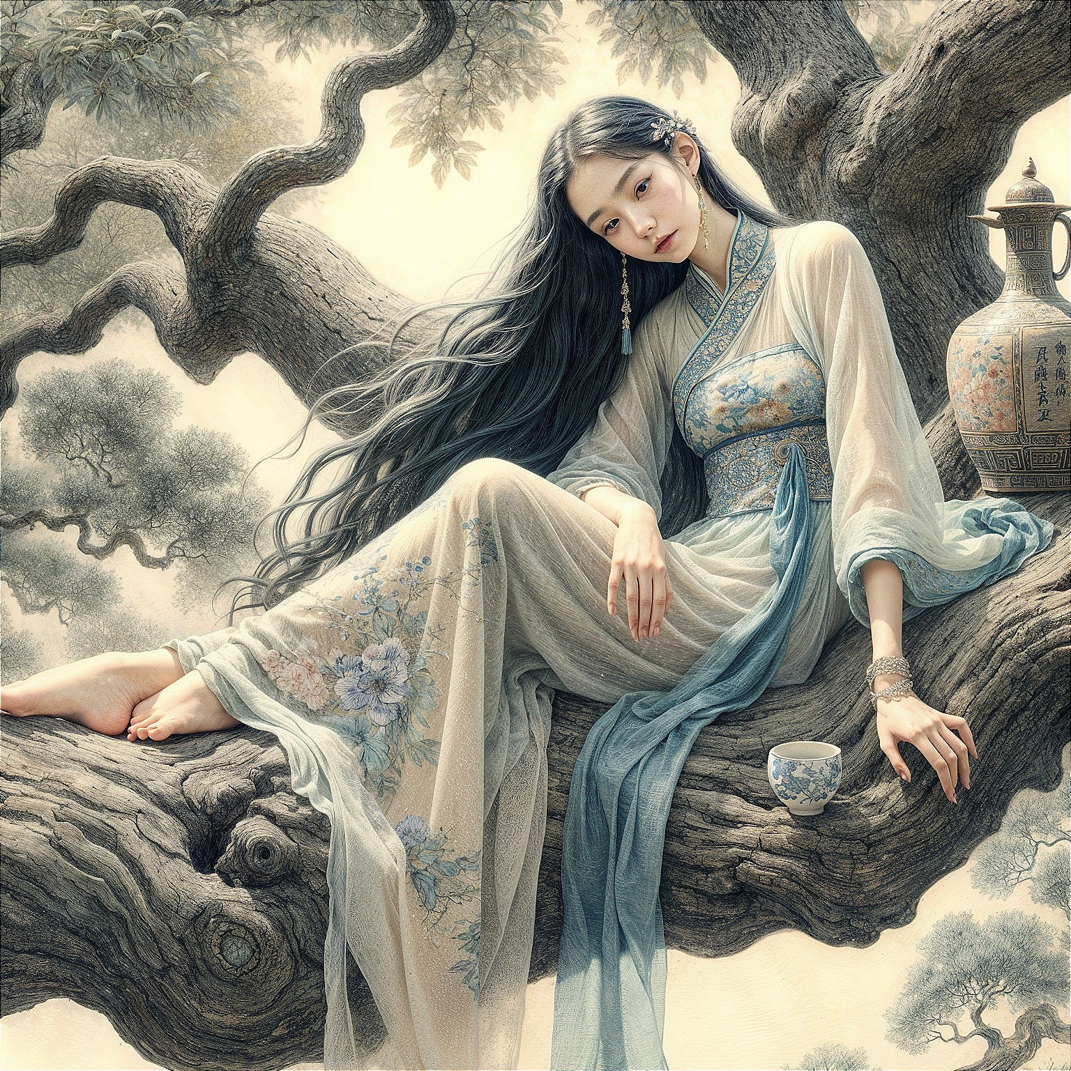 Serene Woman in Flowing Dress on Tree Branch