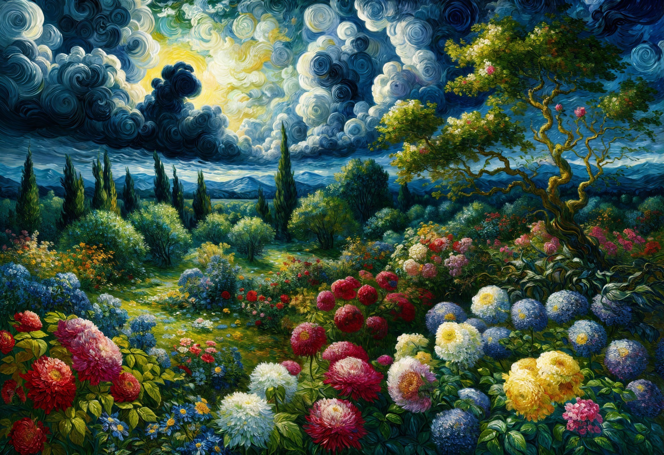 Vibrant Garden Landscape with Colorful Blooms and Trees