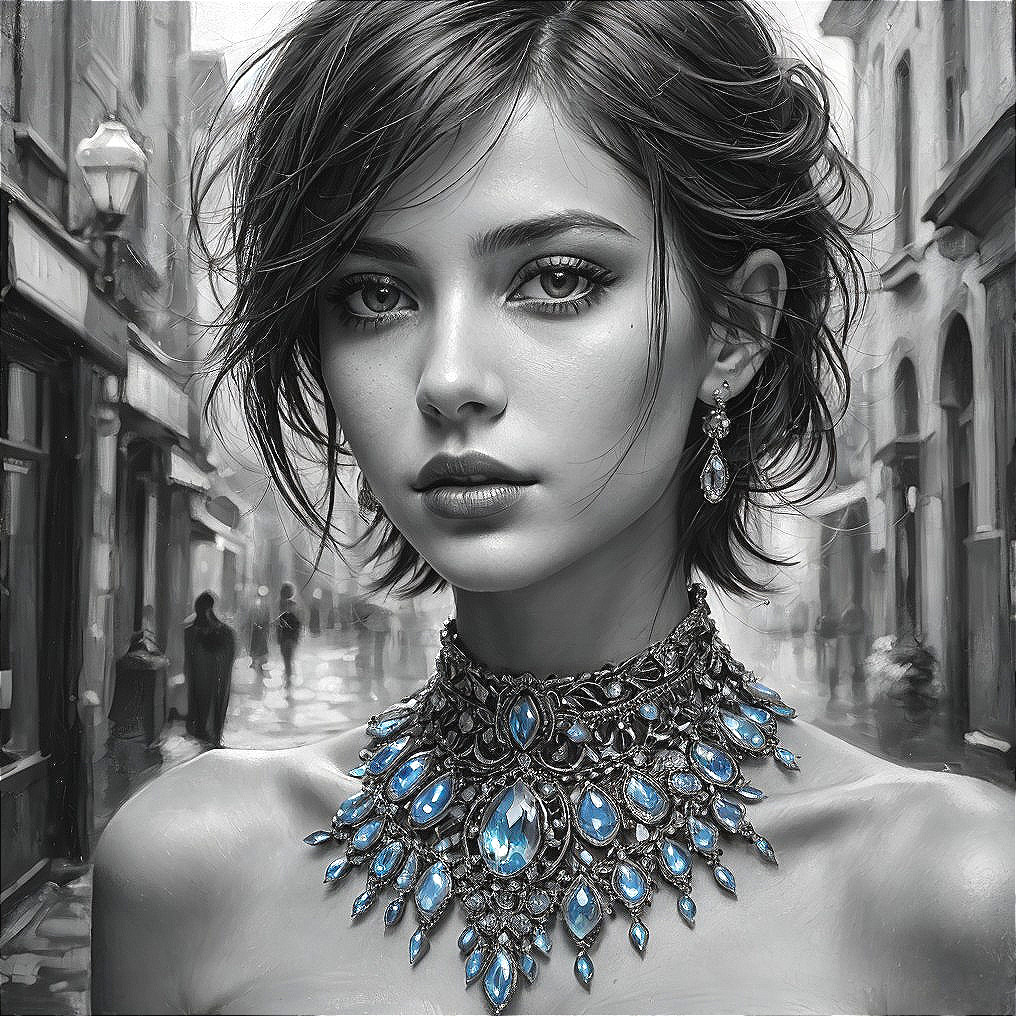 Close-up of a woman with bob haircut and blue necklace