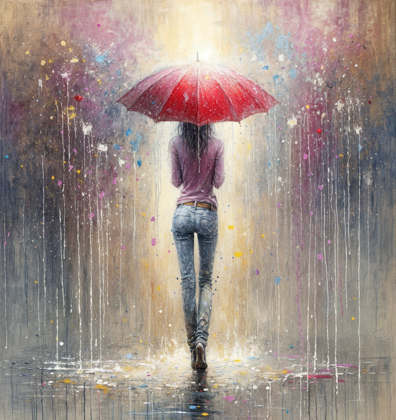 Woman with Red Umbrella in Dreamy Rainy Setting