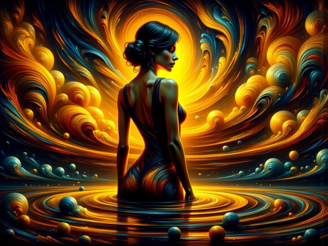 Silhouette of Woman in Cosmic Waters with Swirling Colors