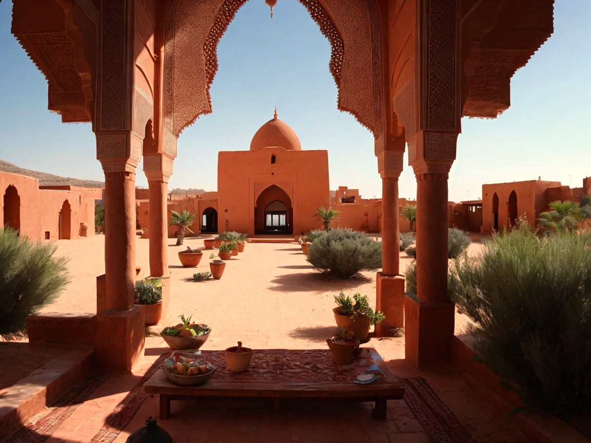 Serene Desert Courtyard with Moroccan Architecture