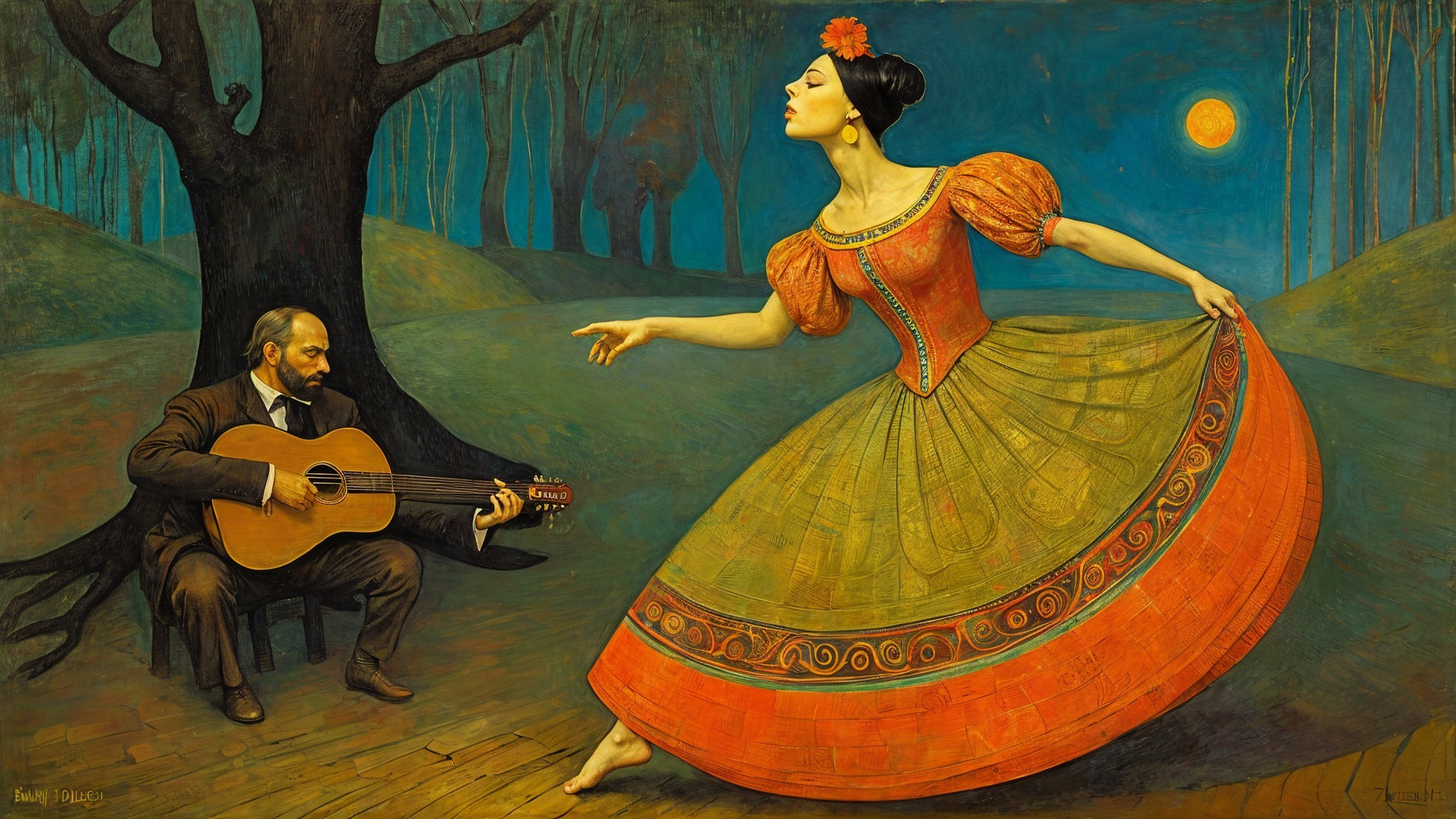 Vibrant Dance Scene with Guitar and Dreamlike Background