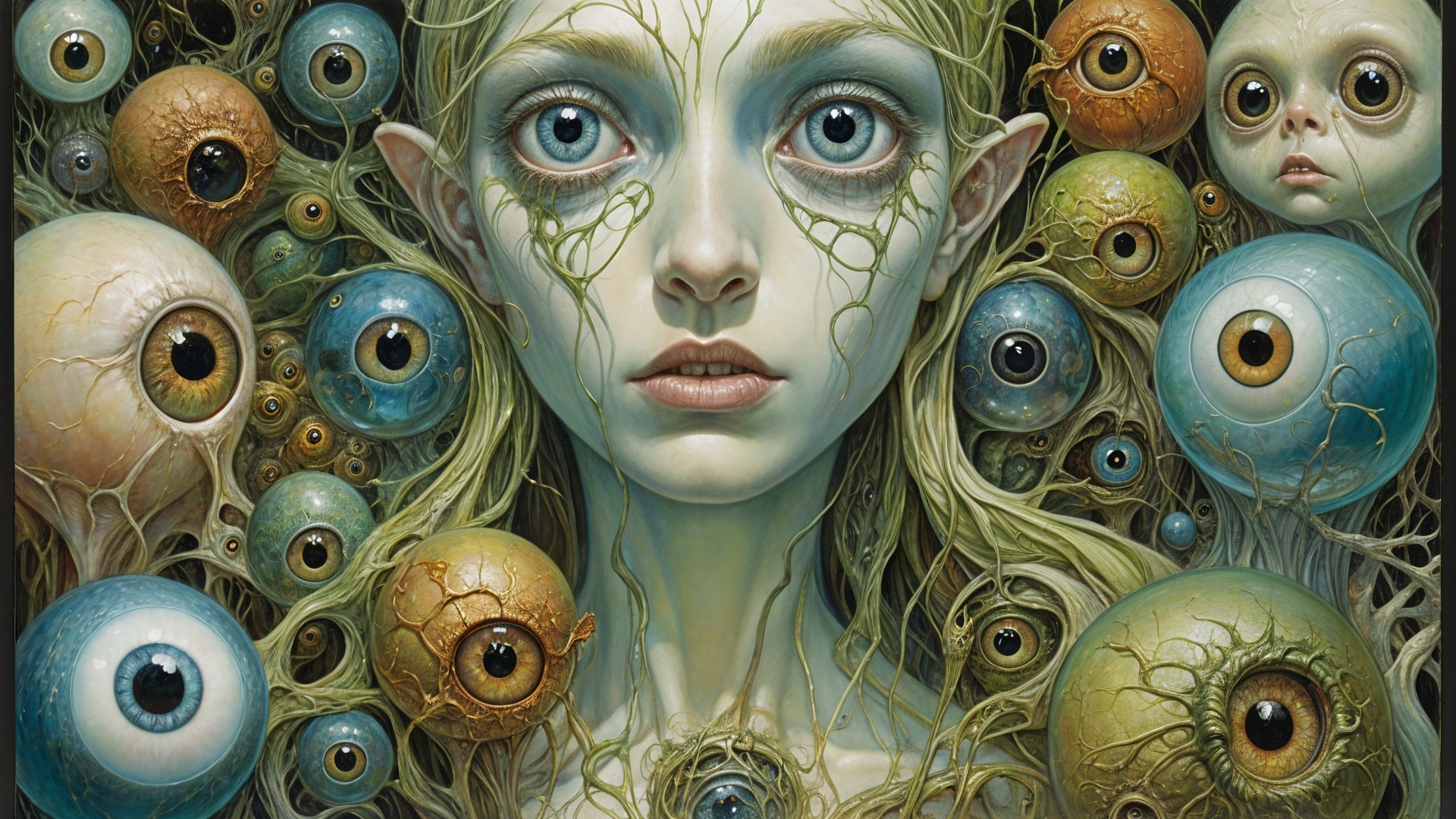 Surreal Figure Surrounded by Colorful Eyeballs