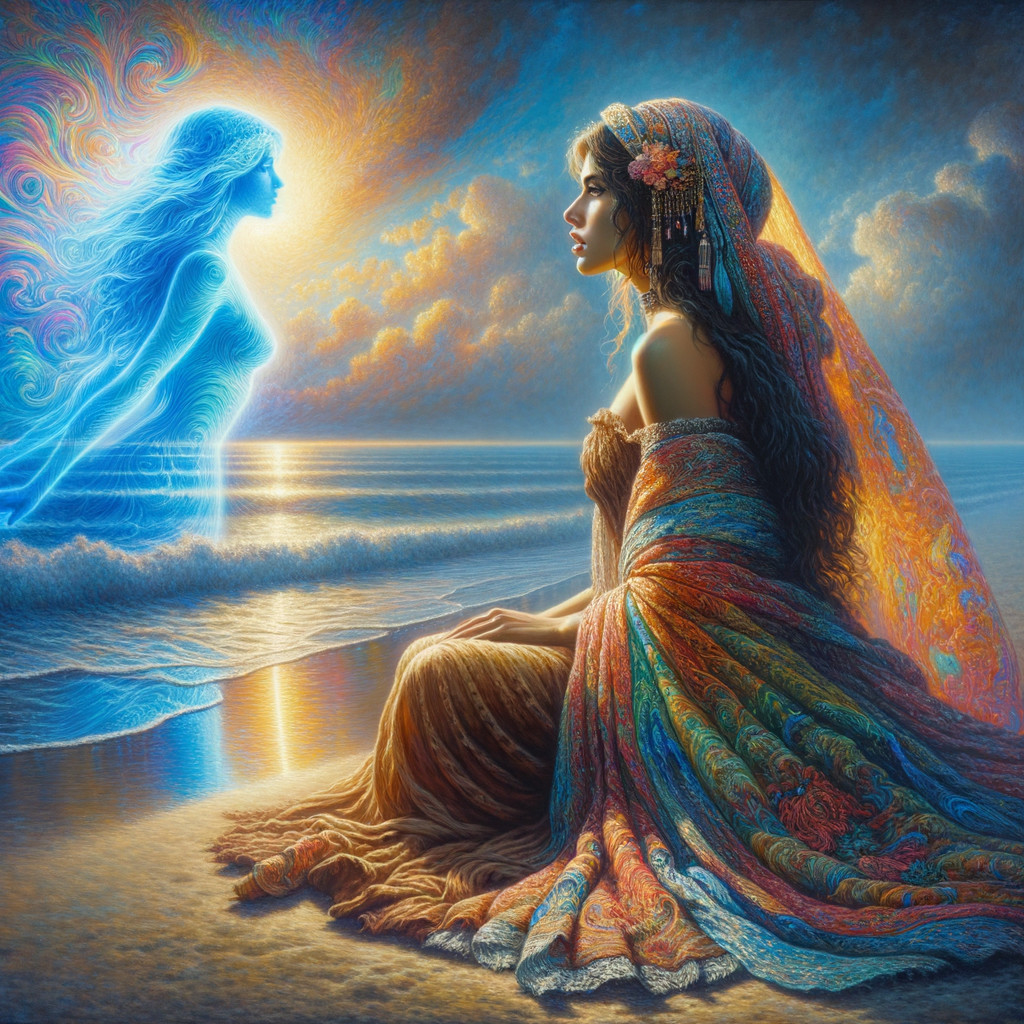 Woman by the Shore with Ethereal Ocean Figure
