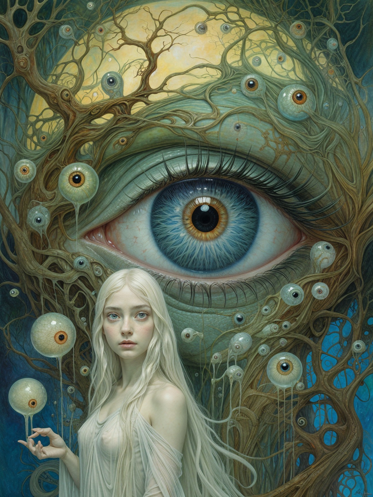 Mystical Young Woman with Enormous Eye and Branches