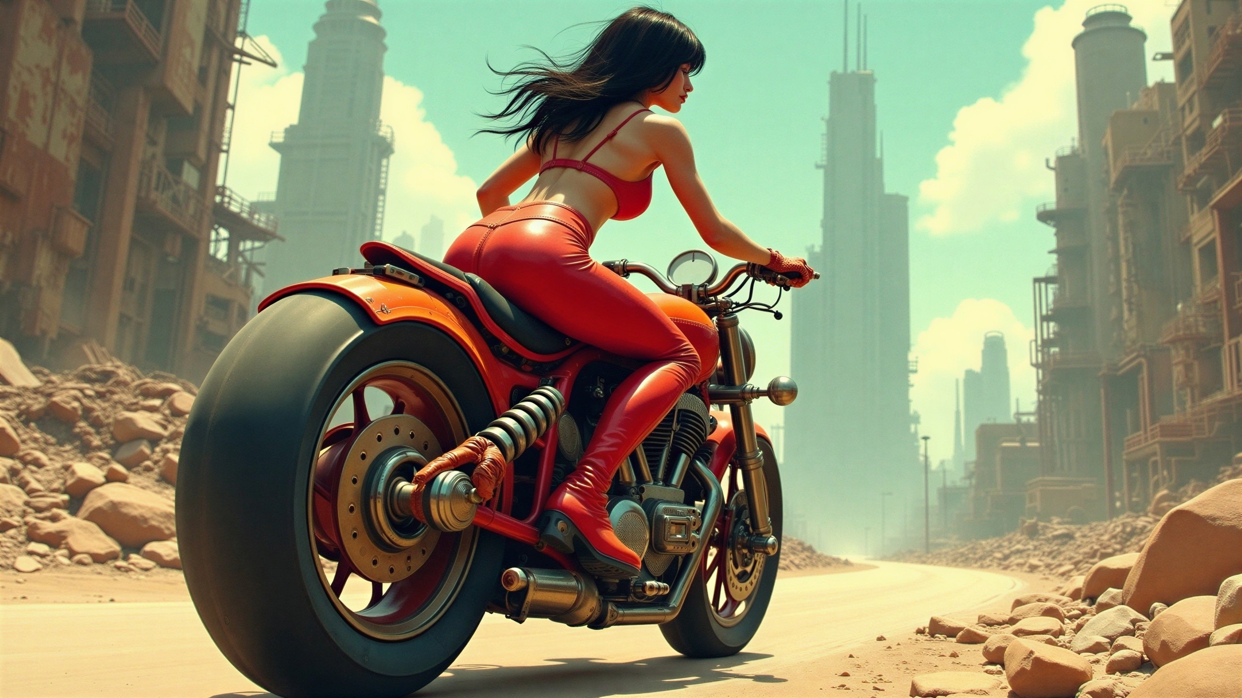 Woman on red motorcycle in a ruined cityscape