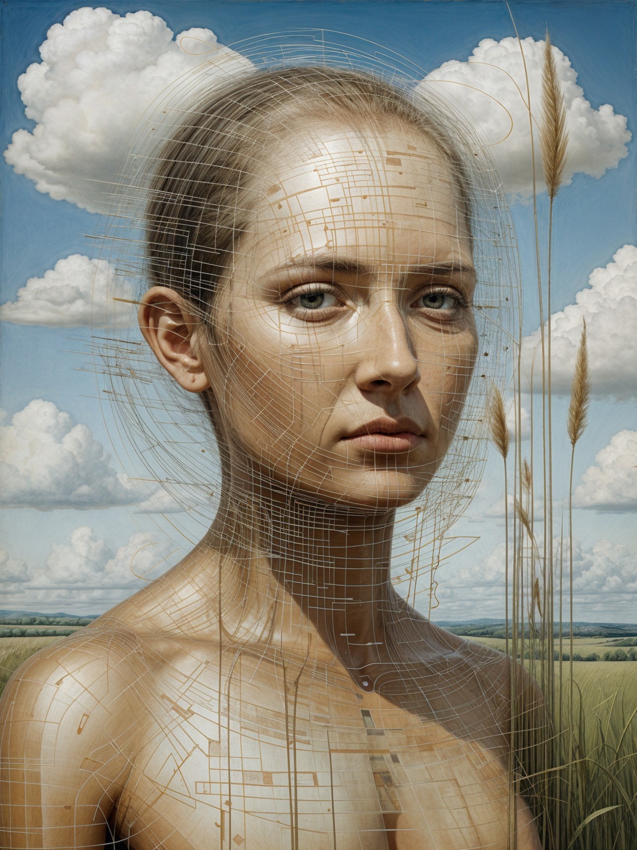 Contemplative Woman in Golden Field with Geometric Patterns