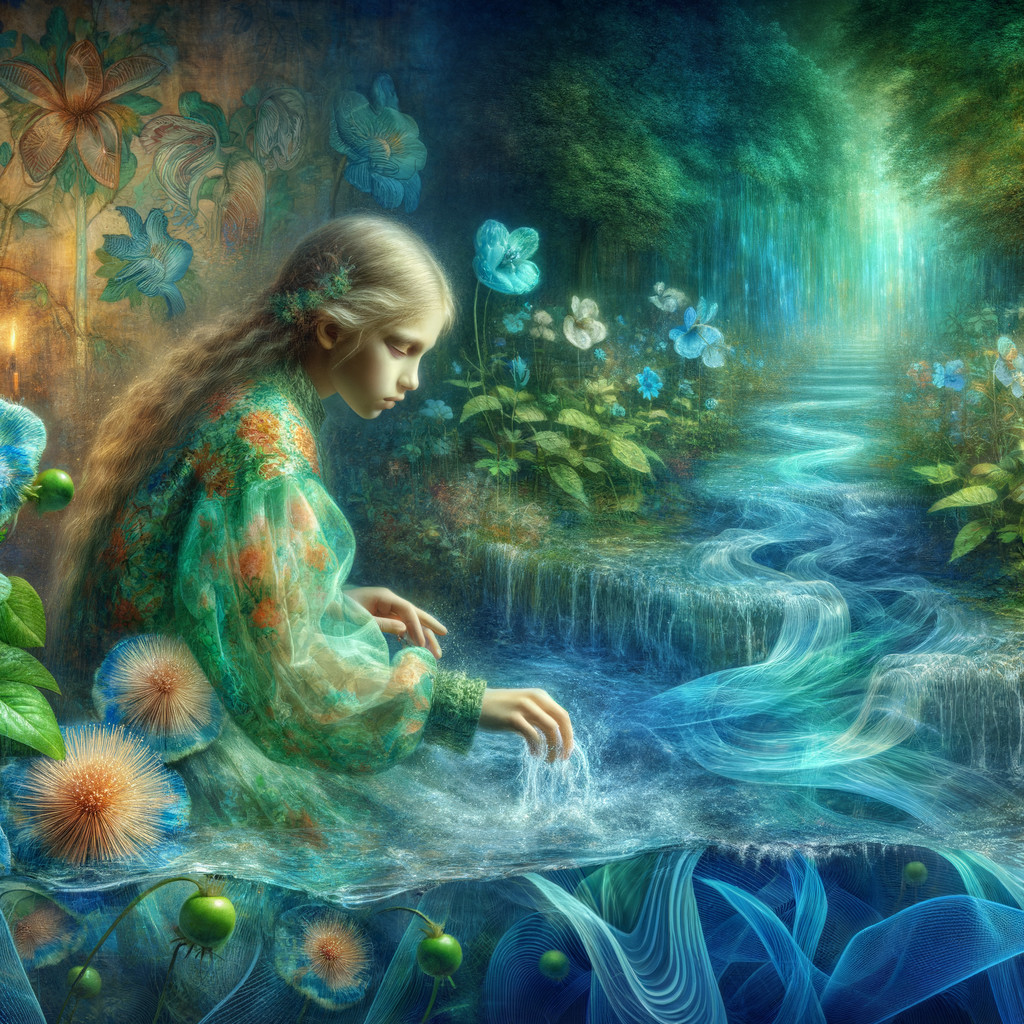 Young girl playing in a tranquil stream surrounded by nature