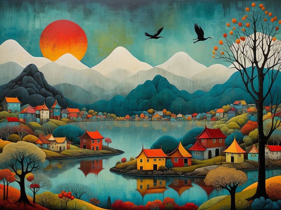Serene Landscape with Autumn Lake and Colorful Houses