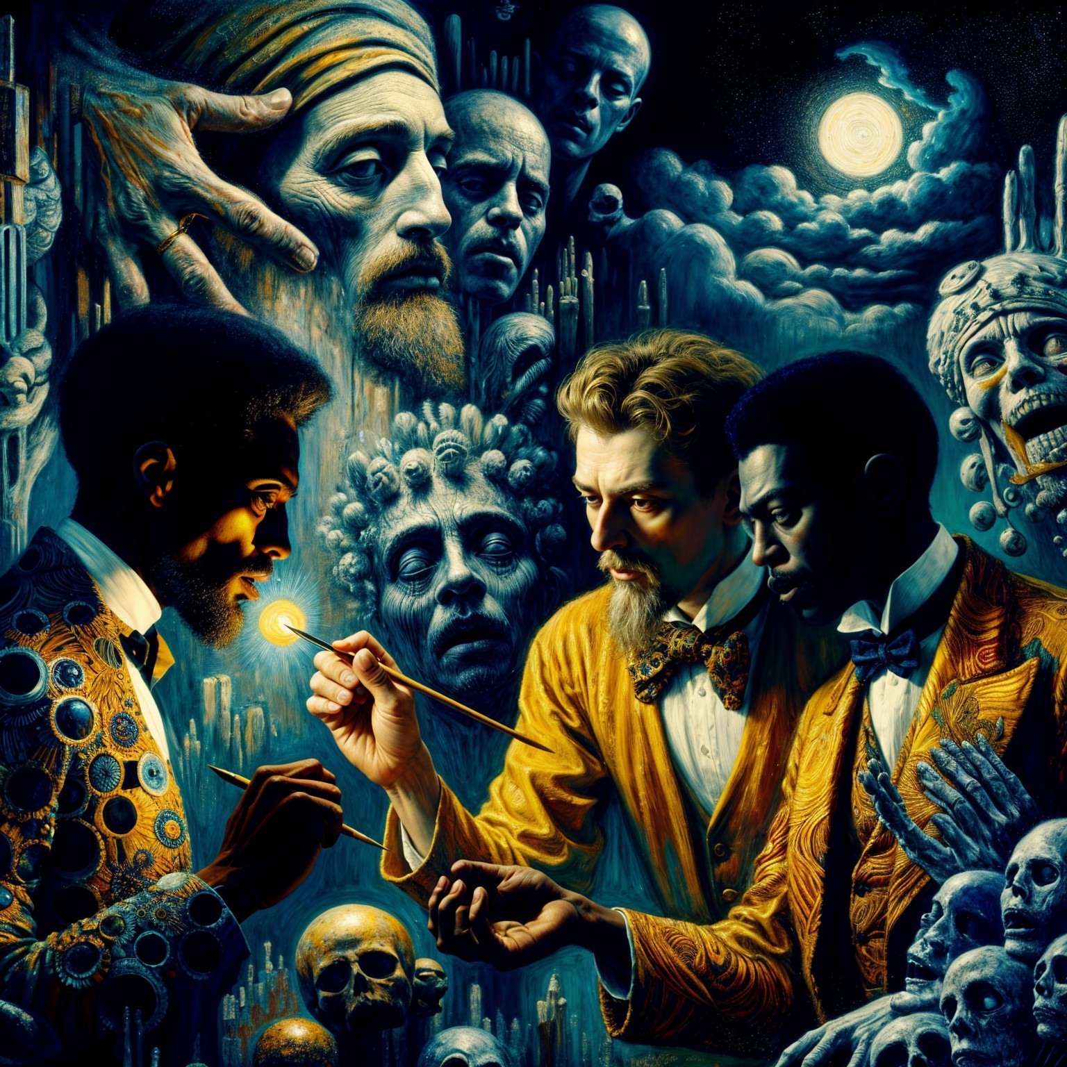 Surreal Artwork with Figures in Ornate Attire