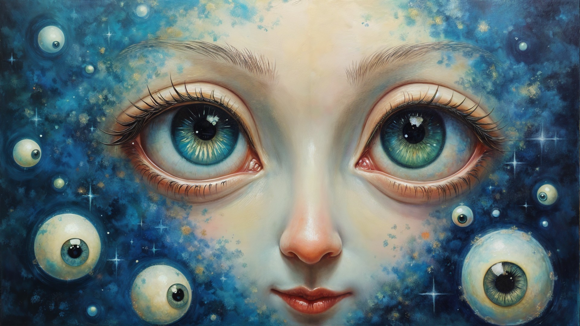 Surreal Artwork of Ethereal Face and Cosmic Eyes