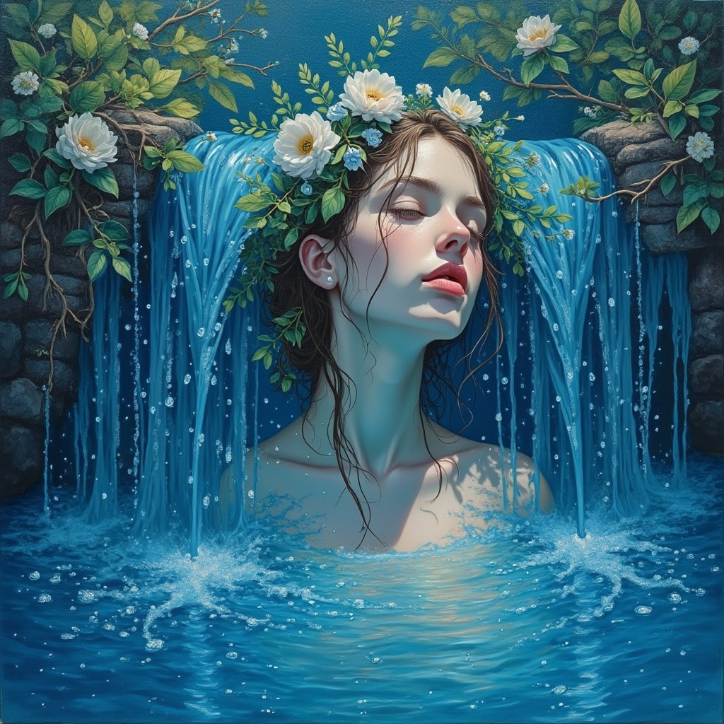 Ethereal Woman in Tranquil Pool Surrounded by Nature