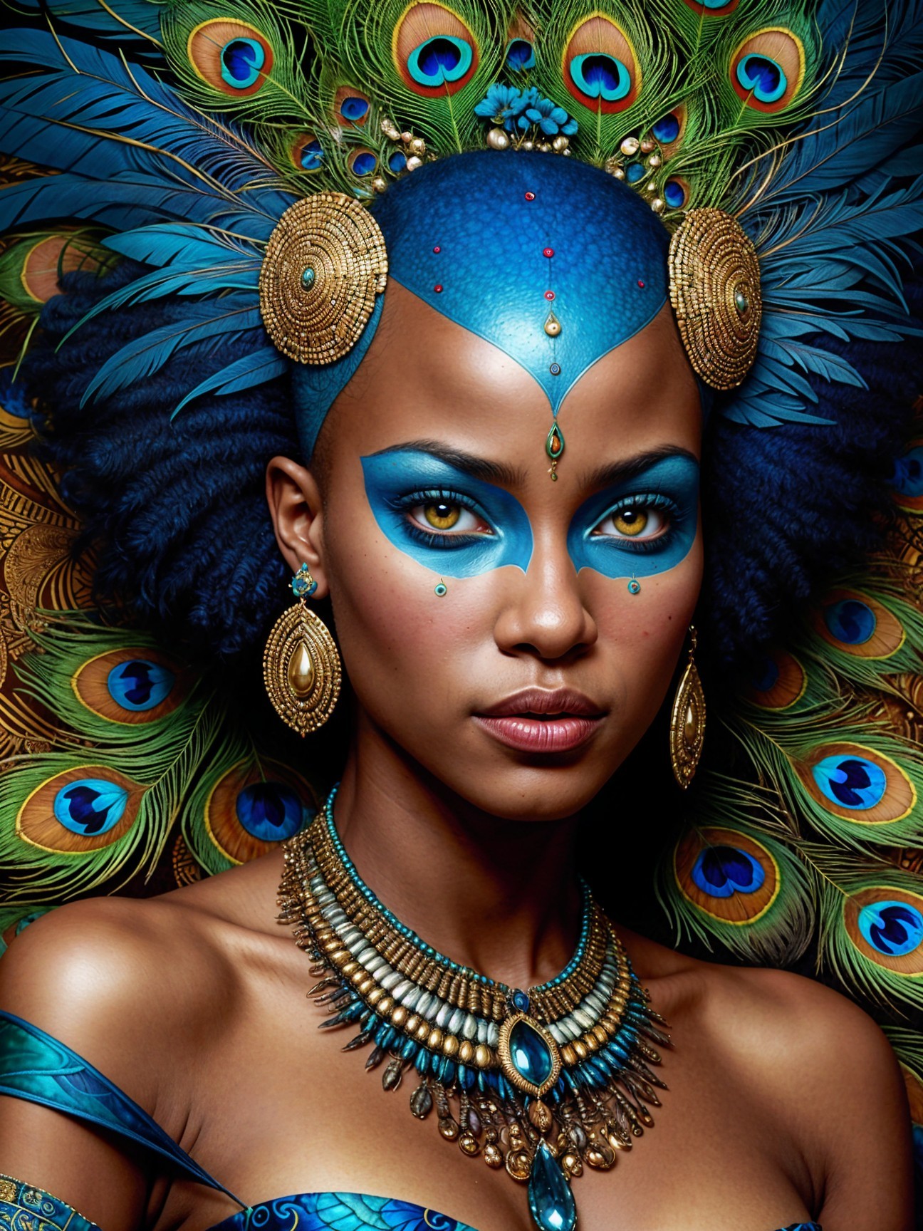 Portrait of a Woman with Peacock Feathers and Jewelry