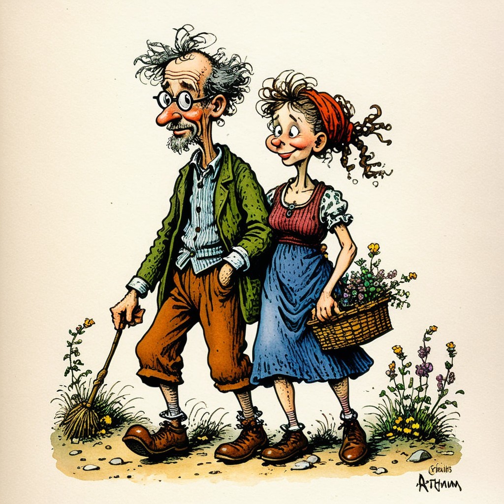 Whimsical Illustration of an Elderly Couple Strolling
