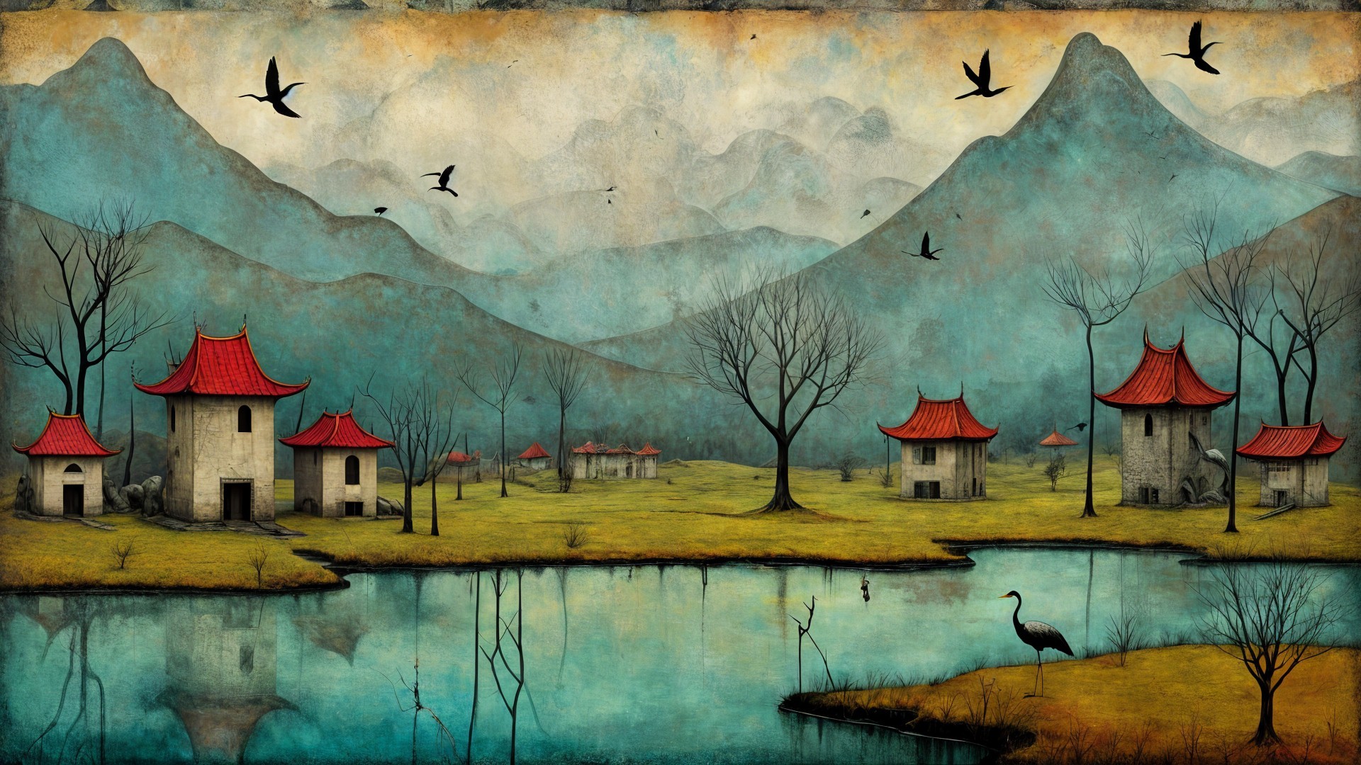 Tranquil Lake Landscape with Asian-style Houses and Mountains