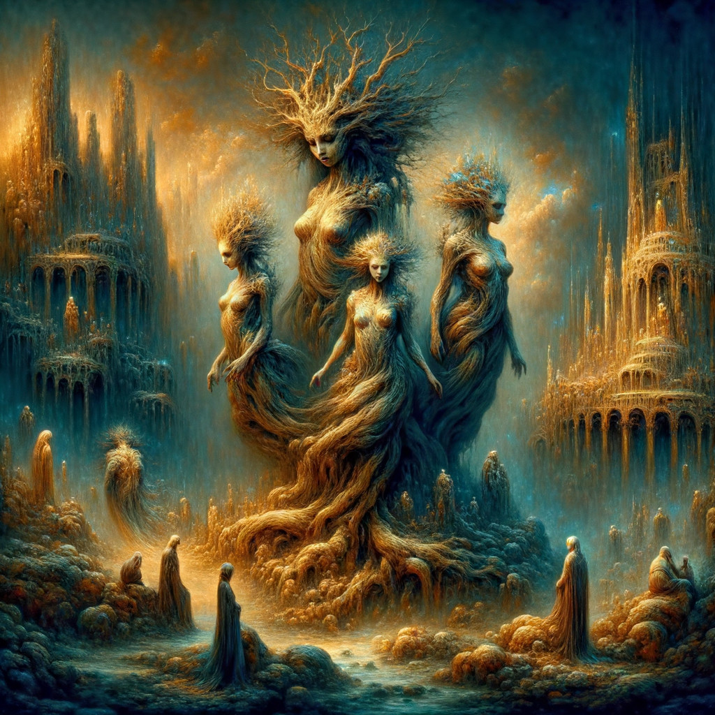 Surreal Landscape with Tree-Like Figures and Structures