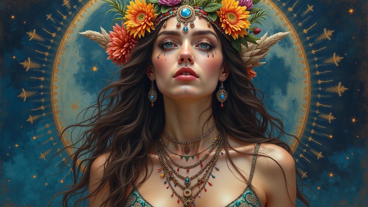 Portrait of a Woman with Floral Crown and Celestial Background