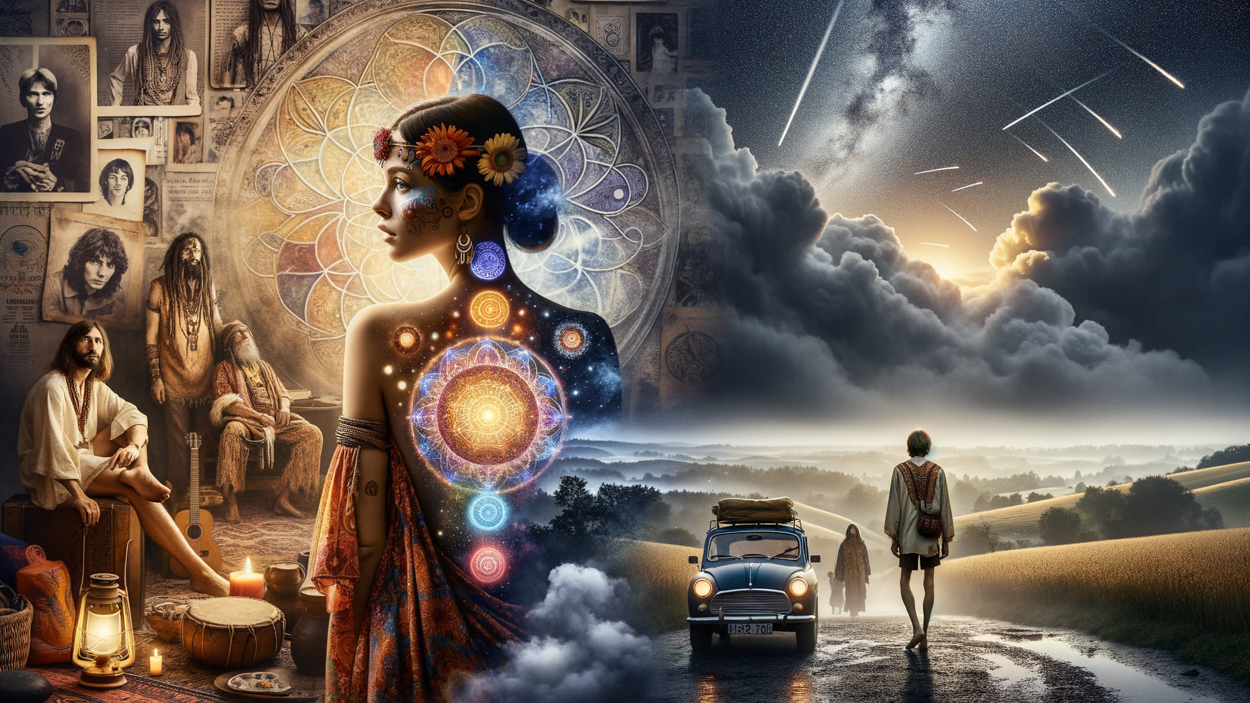 Mystical Gathering and Serene Cosmic Landscape Scenes