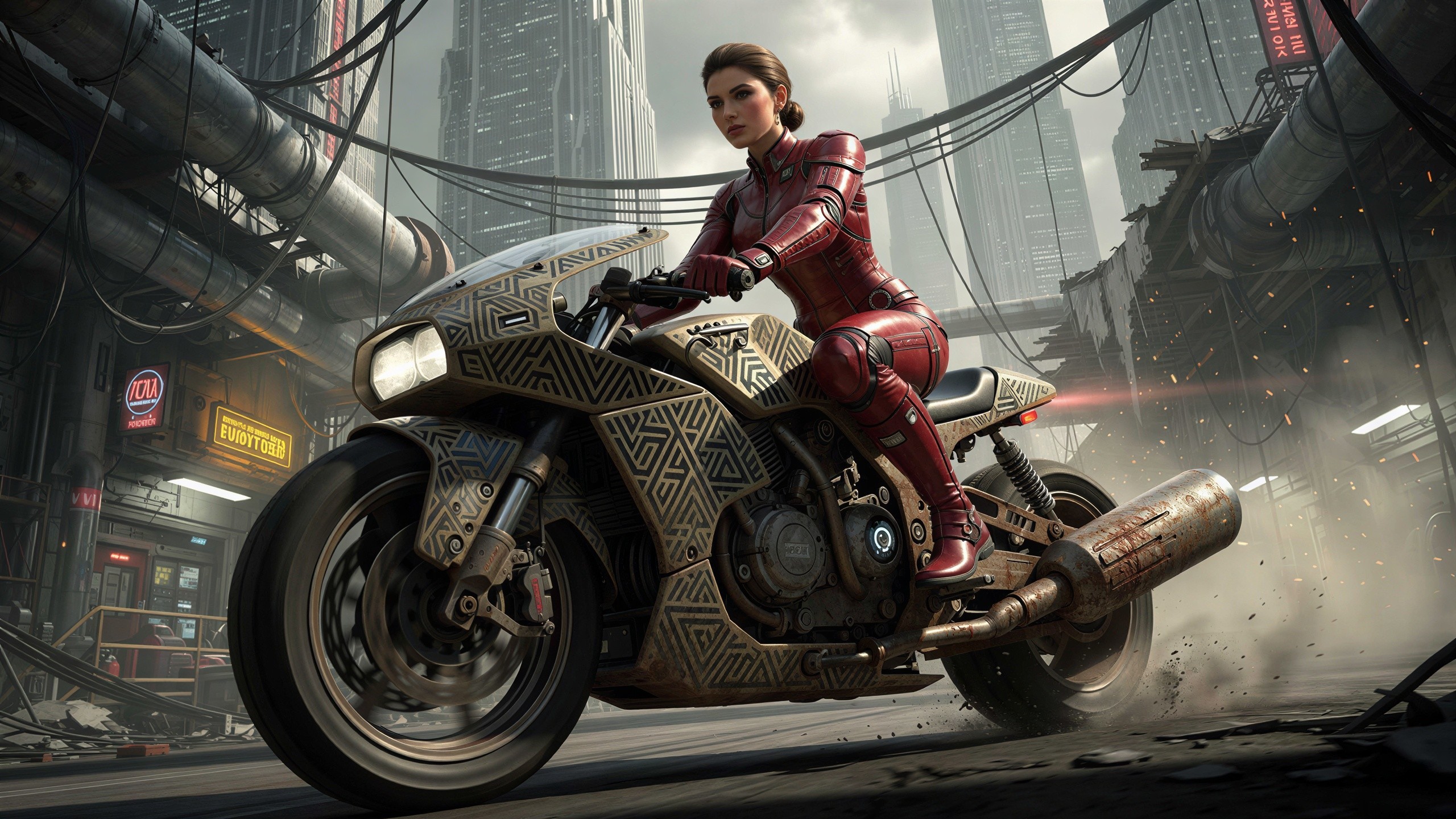 Woman in Red Riding Suit on Motorcycle in City Street